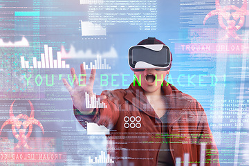 Image showing Hacker, metaverse or shocked woman in virtual reality with hologram for digital transformation or 3d charts online. Wow, omg or girl in holographic cybersecurity technology or malware software glitch