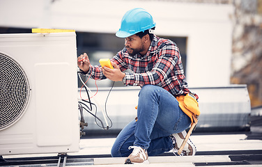 Image showing Air conditioner, cables and technician man ac repair, maintenance or working on electrical power generator. African person, electrician or contractor with electricity, heat pump check and engineering