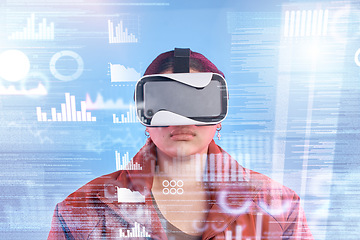 Image showing Metaverse, woman or virtual reality big data with overlay for digital transformation, charts or graphs online. Hacker with vr headset in holographic cyber 3d technology for iot ux or future news info