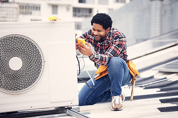 Image showing Air conditioner, happy and technician man ac repair, maintenance or inspection of electrical heat pump or generator. Black person, electrician or contractor with electricity, cables check and rooftop