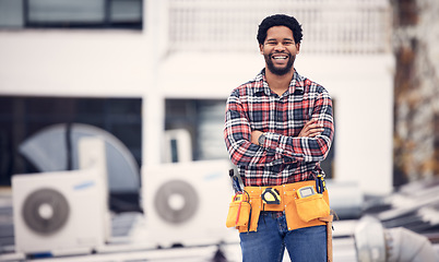 Image showing Engineering, portrait and man arms crossed on roof air conditioning, maintenance and technician ac repair. Happy African person, handyman or electrician contractor for aircon or electricity service