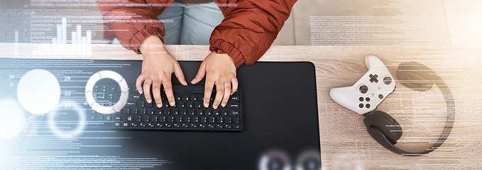 Image showing Person, gaming hologram or hands typing on keyboard online streaming on digital website at home. Woman, top or gamer playing pc electronics video games or coding on computer database or programming