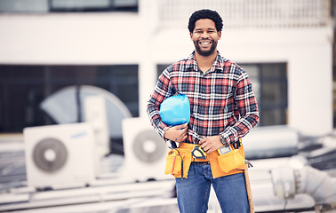 Image showing Construction worker, portrait and man engineer on a building roof for architecture and property management. Smile, happiness and industrial designer with vision and safety helmet with motivation