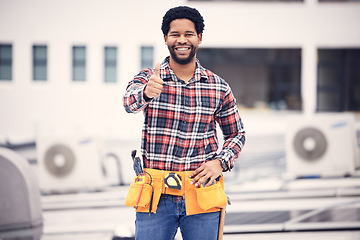 Image showing Construction worker, portrait and man with thumbs up on a building roof for architecture success. Smile, happiness and industrial designer with vision and motivation for eco friendly power project