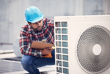 Image showing Black man, electrician with clipboard for air conditioner inspection, handyman working on rooftop with focus. Maintenance check, AC repair and male technician with power generator and service