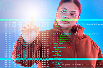 Image showing Double exposure, code or woman hacker coding, phishing or typing on cybersecurity database online. Big data programmer, light or girl hacking for digital transformation on ai cloud computing website