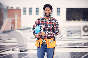 Image showing Construction worker, portrait and man builder on a building roof for architecture and property management. Smile, happiness and industrial designer with vision and safety helmet with motivation