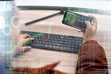 Image showing Overlay, phone or woman typing on a keyboard with finance, cryptocurrency or financial digital data analytics. Girl broker, accountant or asset manager working on investment growth in stock market