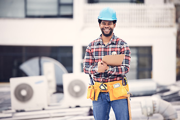 Image showing Engineering, portrait and man on clipboard for air conditioner maintenance, inspection or technician ac repair. Happy African person, handyman or electrician, electrical checklist and rooftop service