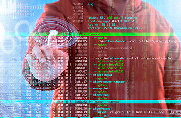 Image showing Fingerprint hologram, woman or hacker for cybersecurity database install malware or identification system. Zoom, futuristic web dashboard or hand of person hacking online for information technology