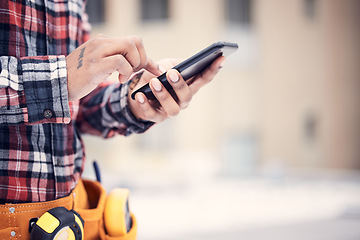 Image showing Phone, hands and maintenance man typing online search for repair instructions, guide manual or scroll on website ui. Outdoor mobile connection, smartphone mockup and male handyman check schedule info