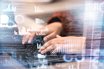 Image showing Overlay, chart or hands of woman typing on a keyboard with finance, cryptocurrency or financial digital data analytics. Girl broker, accountant or trader working on investment growth in stock market