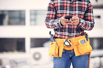 Image showing Phone, worker hands or construction man typing internet, online web search and message maintenance industry contact. Connection, smartphone mockup or urban person, contractor or handyman texting user