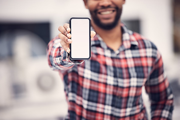 Image showing Mockup phone, hands and happy man with screen copy space, marketing product placement and advertising mobile. Cellphone presentation, brand logo and male with mock up smartphone, online news or info