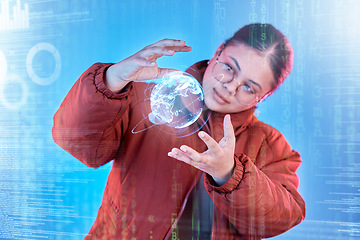 Image showing Earth hologram, global network or hands of girl with future cybersecurity or worldwide networking media. Cloud computing hacker, holographic iot planet or cyber person with globe digital information