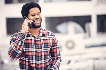 Image showing Phone call communication, urban and happy black man talking, networking or speaking on outdoor mobile conversation. Smartphone chat, city rooftop or African person consulting with cellphone contact