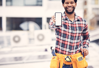 Image showing Mockup phone, maintenance or happy black man with marketing service, advertising screen or mobile notification. Presentation, rooftop handyman promotion or mock up person with smartphone announcement