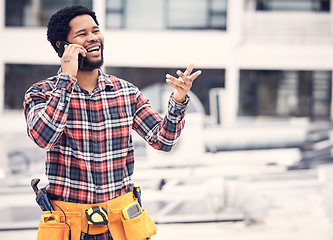 Image showing Phone call, contractor and laughing man talking, networking or speaking about funny conversation joke. Comedy chat, rooftop handyman or African maintenance person consulting with inspection contact