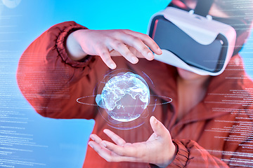 Image showing Metaverse, woman or virtual reality Earth with overlay for digital transformation, global network online. Girl with vr headset in holographic cyber 3d technology for big data, globe or future news