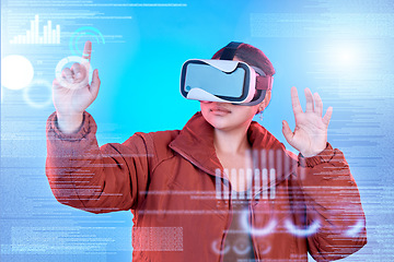 Image showing 3d, woman or virtual reality glasses with overlay for digital transformation, charts info or graphs online. Girl hacker with vr headset in holographic cyber technology for big data ux or future news