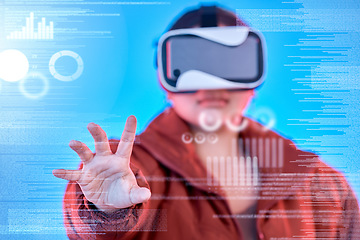 Image showing Metaverse, hand or woman in virtual reality with overlay for digital transformation, charts or graphs online. Girl with vr headset in holographic cyber 3d technology for big data info or future news