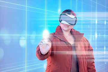 Image showing Light, woman or virtual reality glasses with holographic for digital transformation, 3d touch or media online. Girl with vr headset in hologram cybersecurity technology for big data or web future