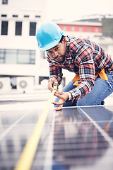 Image showing Engineer man, measuring tape or roof solar panel in sustainable planning, clean energy or development. African technician, photovoltaic or installation system for power, sustainability or electricity