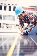 Image showing Engineer man, measuring tape or solar panel on rooftop for sustainable planning, renewable energy or development. African technician smile, photovoltaic system or roof installation with measurement