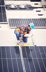 Image showing Black man with clipboard, solar panels inspection and renewable energy, sustainable and eco friendly technology. Maintenance check, male engineer and infrastructure with electricity and top view