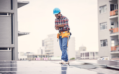 Image showing Solar panel inspection, clipboard or happy black man check quality of photovoltaic cell, sustainability or renewable energy. Rooftop maintenance, checklist or male technician doing electricity test
