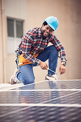 Image showing Screwdriver, happy man portrait and solar panel installation of photovoltaic electricity cell on rooftop building. Sustainable, eco renewable energy and male handyman with sustainability plate tools