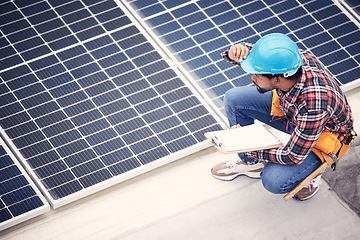 Image showing Solar panel, clipboard and engineering man with inspection, energy saving maintenance and sustainable power check. Contractor person, electrician or technician on checklist for photovoltaic generator