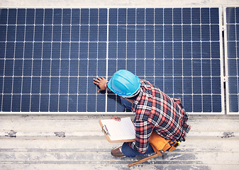 Image showing Inspection, solar panels and engineering man with clipboard, energy saving maintenance and eco friendly power above. Sustainable technician, electrician or person with checklist and photovoltaic grid