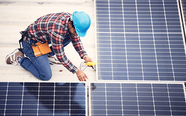 Image showing Black man, solar panel inspection and renewable energy, sustainability and eco friendly technology. Maintenance check, male engineer and infrastructure, electricity and top view with energy saving