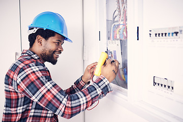 Image showing Electrician multimeter, electric switch box and happy man check cable current, wire fuse or measure voltage power supply. Circuit maintenance inspection, African person and technician fix electricity