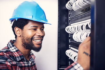 Image showing Electrician, engineering and black man with circuit board for maintenance, inspection and repair. Construction, electricity and happy male worker, handyman and mechanic with system, cable and switch