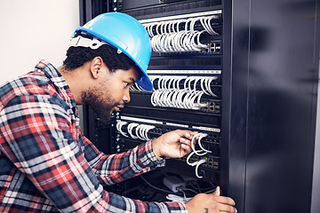 Image showing Electrician, engineering and black man with circuit board for inspection, maintenance and repair. Construction, electricity and male worker, handyman and mechanic with system, cable server and switch