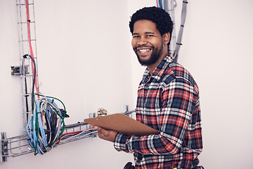 Image showing Cable inspection, portrait and a black man for maintenance, building construction and wires check. Happy, male engineer and analysis of system network, equipment repair and fiber connectivity