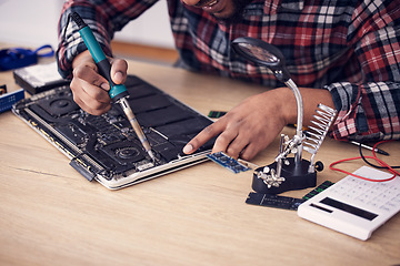 Image showing Motherboard, working and man hands doing engineer and electricity fix with electrical tools. It, engineering and electric work of a male fixing microchip and voltage test on a hardware board