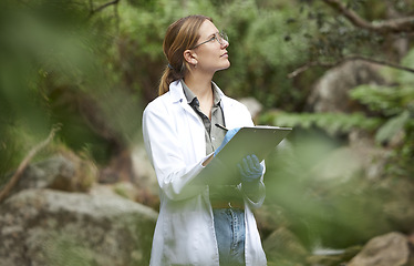 Image showing Clipboard, nature and scientist woman in agriculture research, sustainability and checklist of climate change test. Plants, sustainable growth and thinking, inspection or science person writing notes