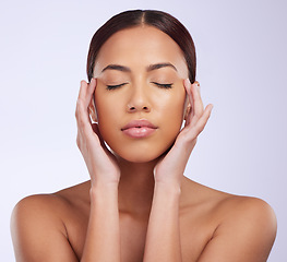 Image showing Woman, natural beauty and calm skincare in a studio with relax feeling from dermatology. Skin glow, facial and cosmetics makeup of a young female model with clean self care and face wellness