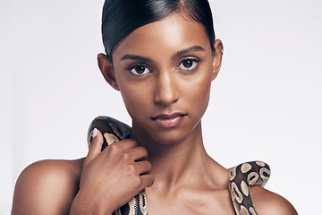 Image showing Beauty, skincare and portrait of woman with snake on neck in studio for art aesthetic with exotic zoo animal. Face, danger and creative style, asian model dangerous pet python on white background.