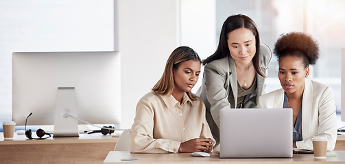 Image showing Business women, laptop and team with training, diversity and website development at digital marketing agency. Group of people, mentor with learning and review with analysis, technology and internet