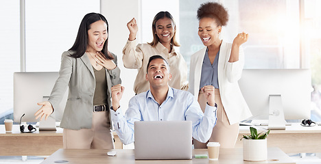 Image showing Business people, laptop and team celebration for winning, award or profit on crypto market. Businessman, women and teamwork with success, bonus and competition with fintech, surprise and achievement