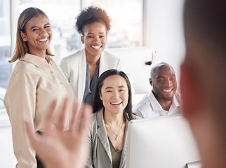 Image showing Startup group, coach and training by computer with teamwork, diversity or smile at workshop. Black man, women and listen to coaching for advice, goals or happy for learning, development and career