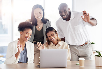 Image showing Business people, group and wave on video call with laptop for communication, hello or diversity in team. Black man, women and computer for webinar, online workshop or greeting with smile for kindness