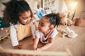 Image showing Children, sister and best friends playing on the living room floor together in their home for bonding while having fun. Kids, family and smile with happy girls in the house for growth or development