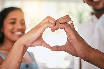 Image showing Happy, shape, heart hands and couple with love, happiness and relationship unity together. Smile, solidarity and man and woman with a gesture of loving, caring and harmony as girlfriend and boyfriend