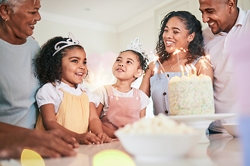 Image showing People singing happy birthday, family smile with celebration and cake at party with generations at home. Celebrate, together with dessert, happiness and grandmother with parents and children