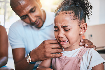 Image showing Crying, child and dad support with love and parent care in a family home with a girl feeling sad. Upset kid, father and youth grief of a young daughter with papa and emotions from worry and stress